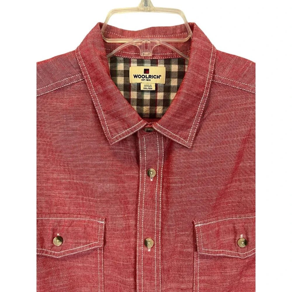 Woolrich Red Chambray Camp Shirt  Mens Size XXL  Casual Short Sleeve Button Down - Picture 3 of 5
